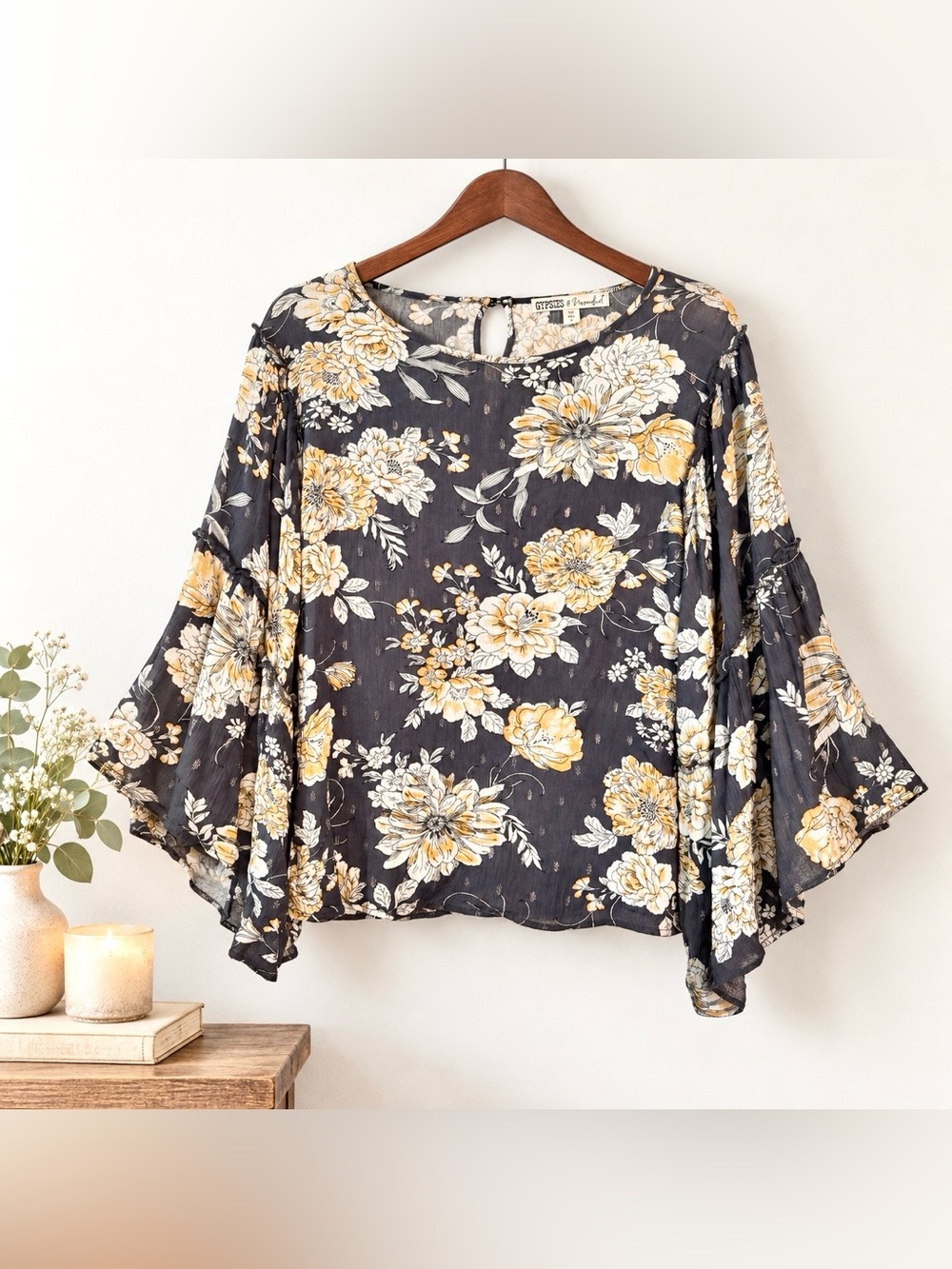 Boho Dark Floral Bell Sleeve Shimmer Blouse M